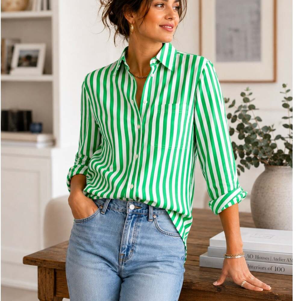 J.Crew Garcon Shirt 2 Green White Stripe Organic Cotton Button Up Wide Cuff